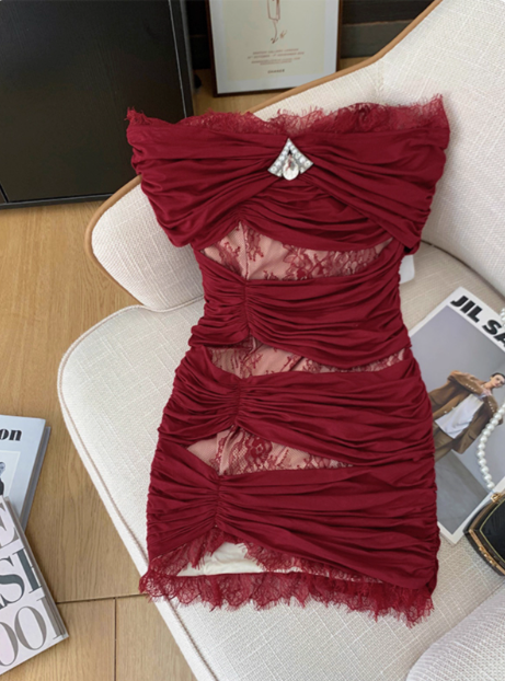 Sexy Red One Shoulder Lace Hip Birthday Dress Homecoming Dress