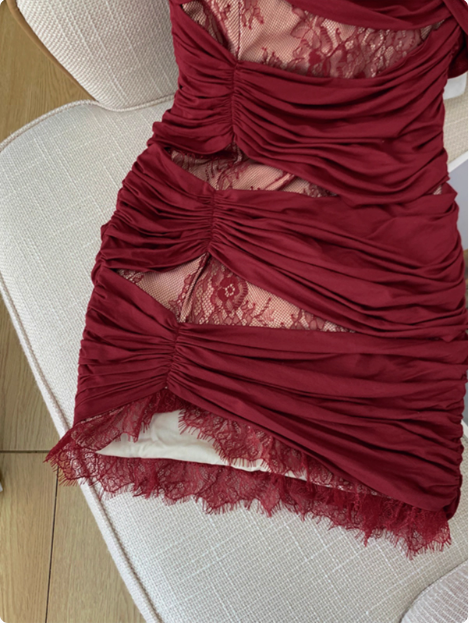 Sexy Red One Shoulder Lace Hip Birthday Dress Homecoming Dress