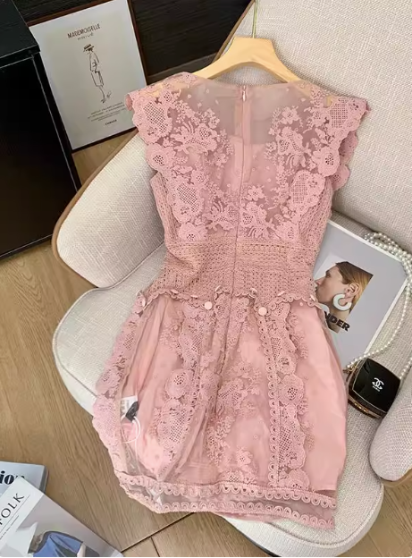 Sweet Pink Sleeveless Lace Waist 17th Birthday Homecoming Dress