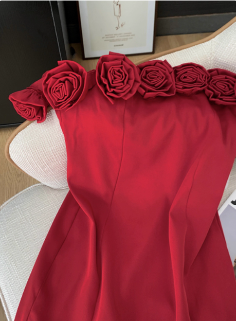 Stunning Red Rose One Shoulder Satin Hip Birthday Short Skirt Homecoming Dress