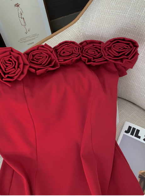 Stunning Red Rose One Shoulder Satin Hip Birthday Short Skirt Homecoming Dress