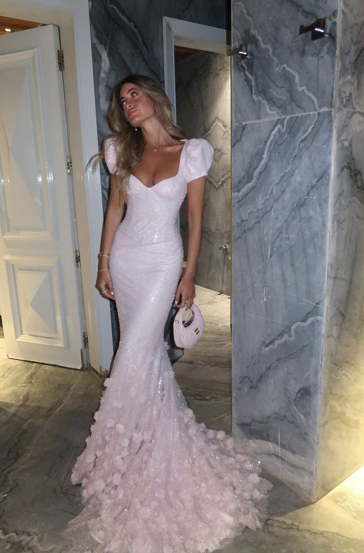Sweet Princess Light Pink Mermaid Puff Sleeve 3D Floral Tulle Train Prom Dress Evening Dress