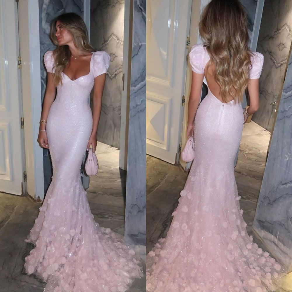 Sweet Princess Light Pink Mermaid Puff Sleeve 3D Floral Tulle Train Prom Dress Evening Dress