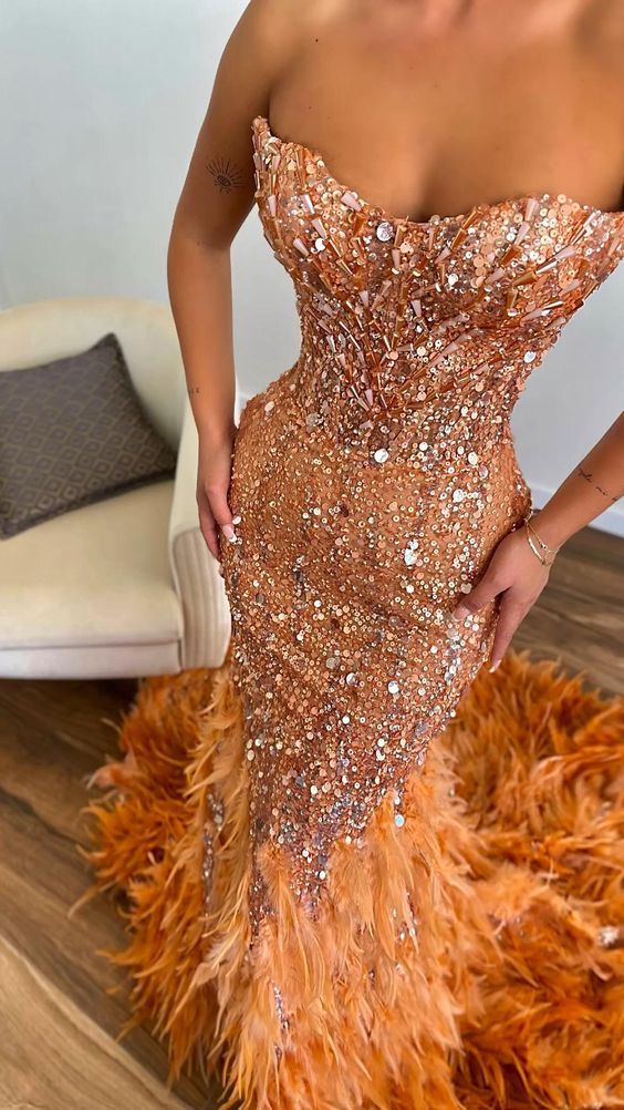 Vintage Orange Mermaid Sweetheart Neckline Feather Sequin Beaded Train Prom Dress Evening Dress