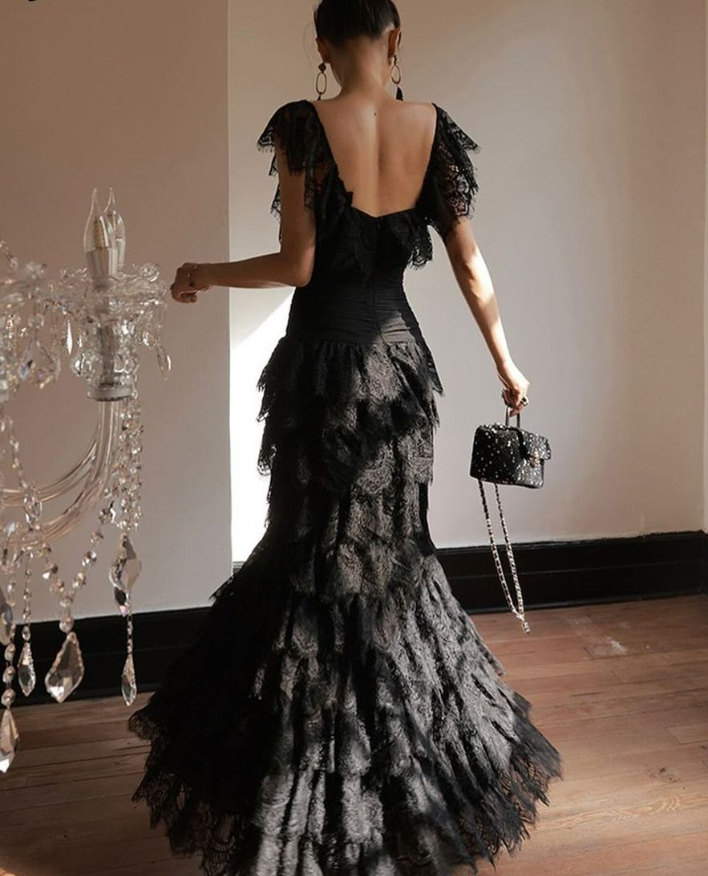 Elegant Black Mermaid Layered Lace Long Prom Dress Evening Dress