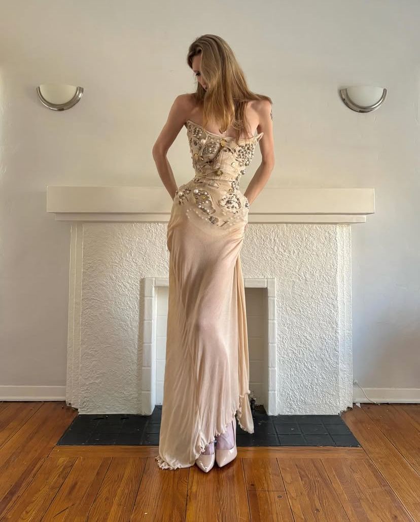 Vintage Nude Apricot Mermaid Waist-Cinching Beaded Chiffon Long Prom Dress Evening Dress