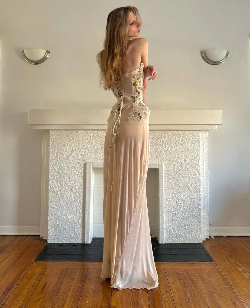 Vintage Nude Apricot Mermaid Waist-Cinching Beaded Chiffon Long Prom Dress Evening Dress
