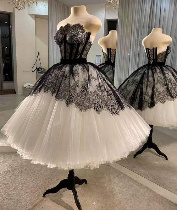 Vintage Black And White Lace Fluffy Tulle Birthday Party Homecoming Dress