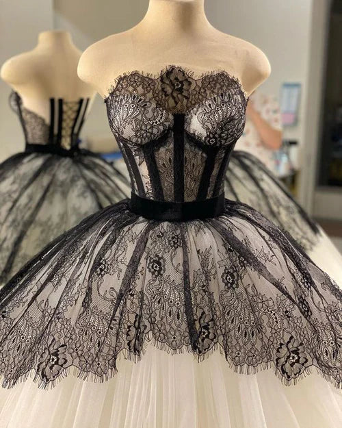 Vintage Black And White Lace Fluffy Tulle Birthday Party Homecoming Dress