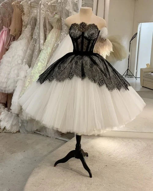 Vintage Black And White Lace Fluffy Tulle Birthday Party Homecoming Dress