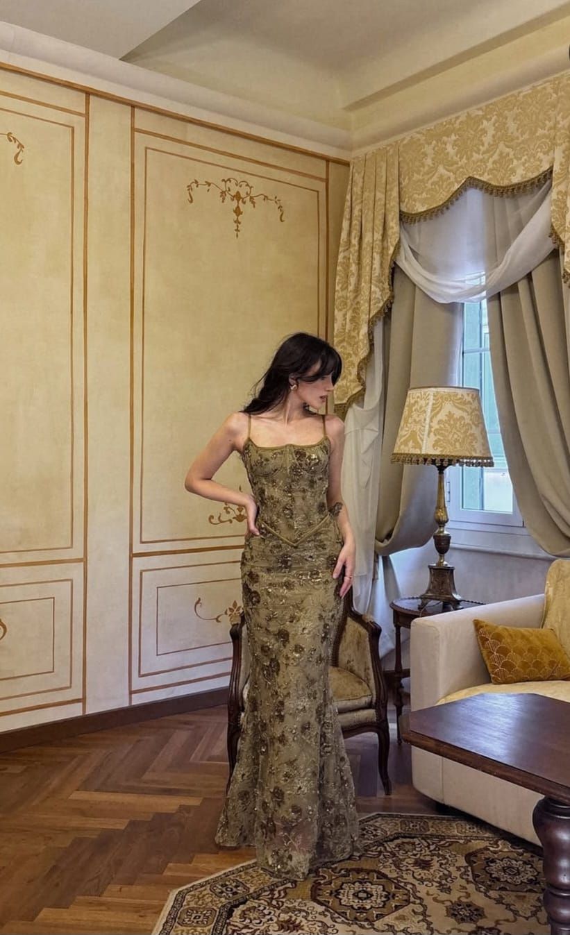 Vintage Olive Gold-Brown Mermaid Spaghetti Strap Sequined Embroidered Long Prom Dress Evening Dress