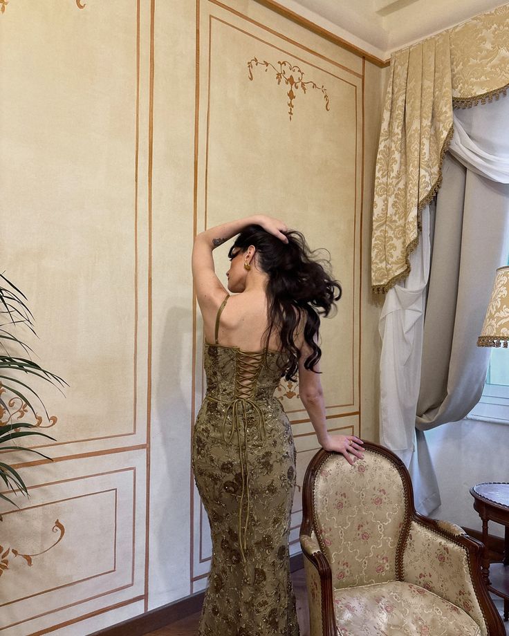 Vintage Olive Gold-Brown Mermaid Spaghetti Strap Sequined Embroidered Long Prom Dress Evening Dress
