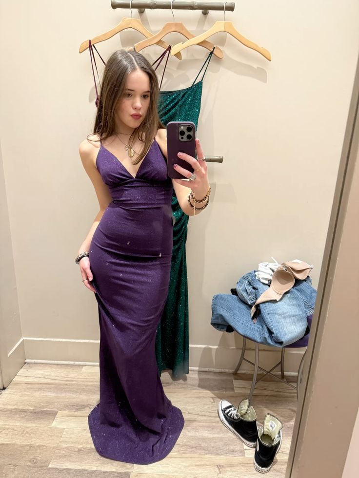 Sexy Deep Purple Mermaid Deep V Spaghetti Strap Glitter Long Prom Dress Evening Dress