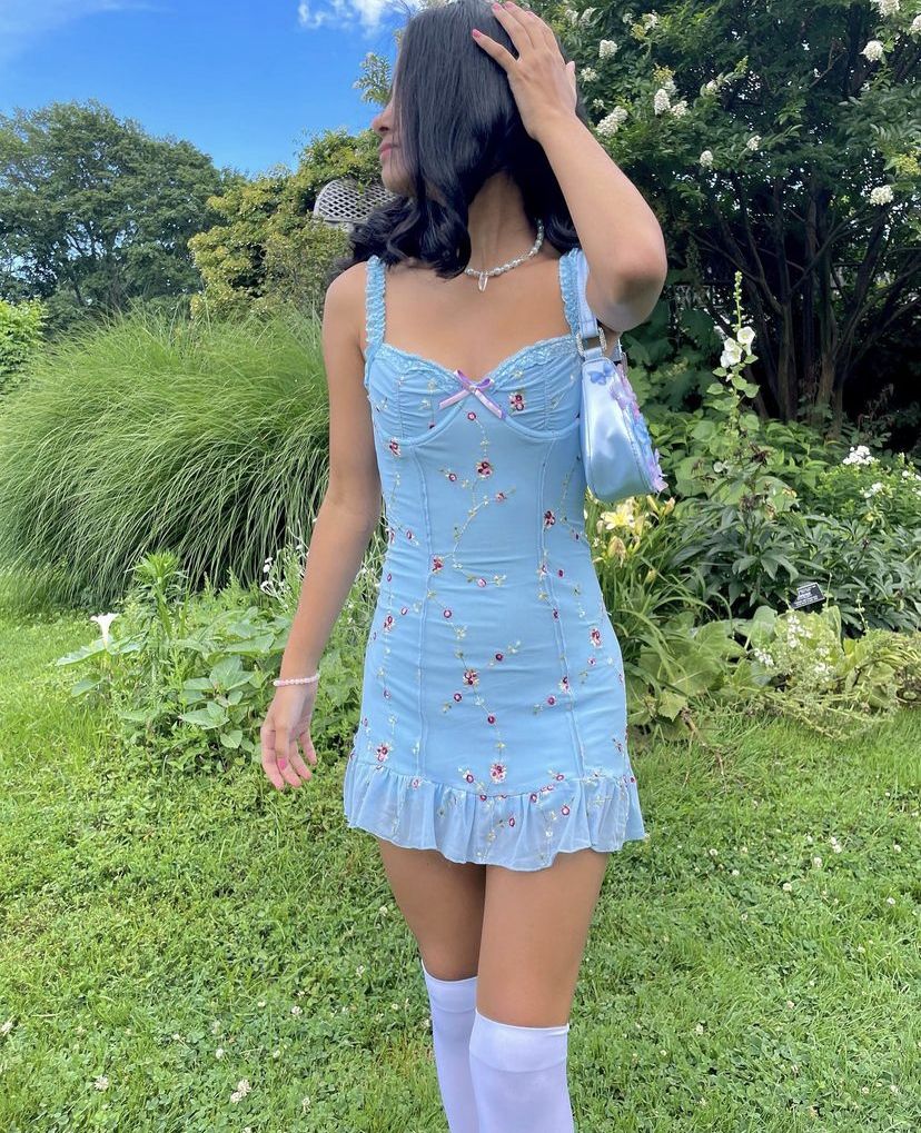 Sweet Light Blue Suspender Floral Slim Fit 16th Birthday Homecoming Dress