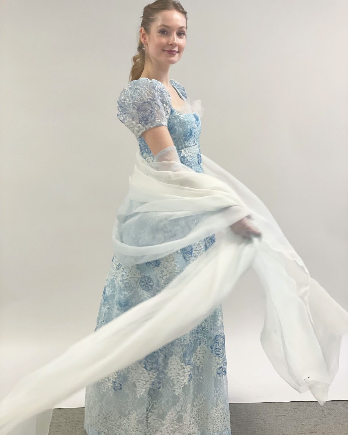 French Princess Light Blue A-line Square Neck Puff Sleeve Embroidered Lace Long Prom Dress Evening Dress