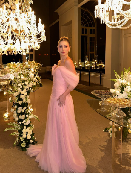 Elegant Pink A-line Trailing Off-shoulder Slit Tulle Long Prom Dress Evening Dress