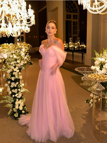 Elegant Pink A-line Trailing Off-shoulder Slit Tulle Long Prom Dress Evening Dress