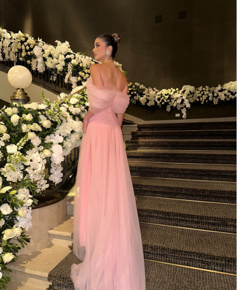 Elegant Pink A-line Trailing Off-shoulder Slit Tulle Long Prom Dress Evening Dress