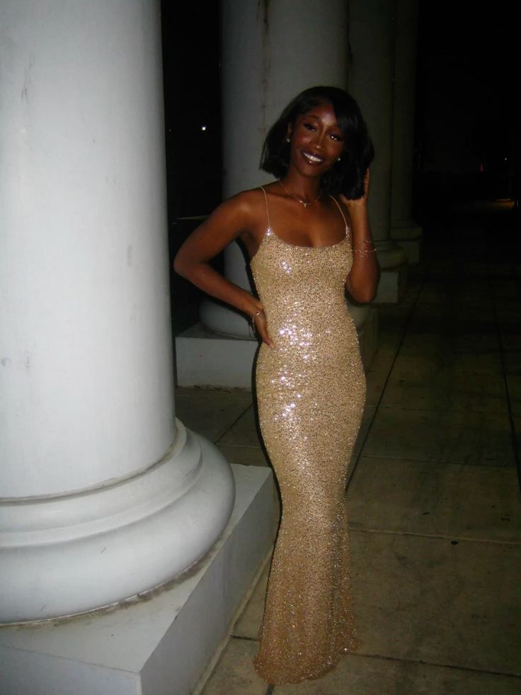 Sparkling Champagne Gold Mermaid Spaghetti Strap Sequined Long Prom Dress Evening Dress