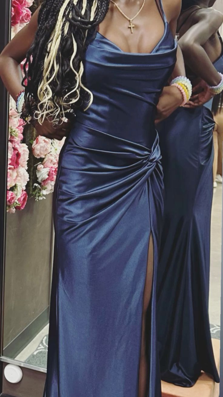 Elegant Navy Blue Twisted Spaghetti Strap Slit Satin Long Prom Dress Evening Dress