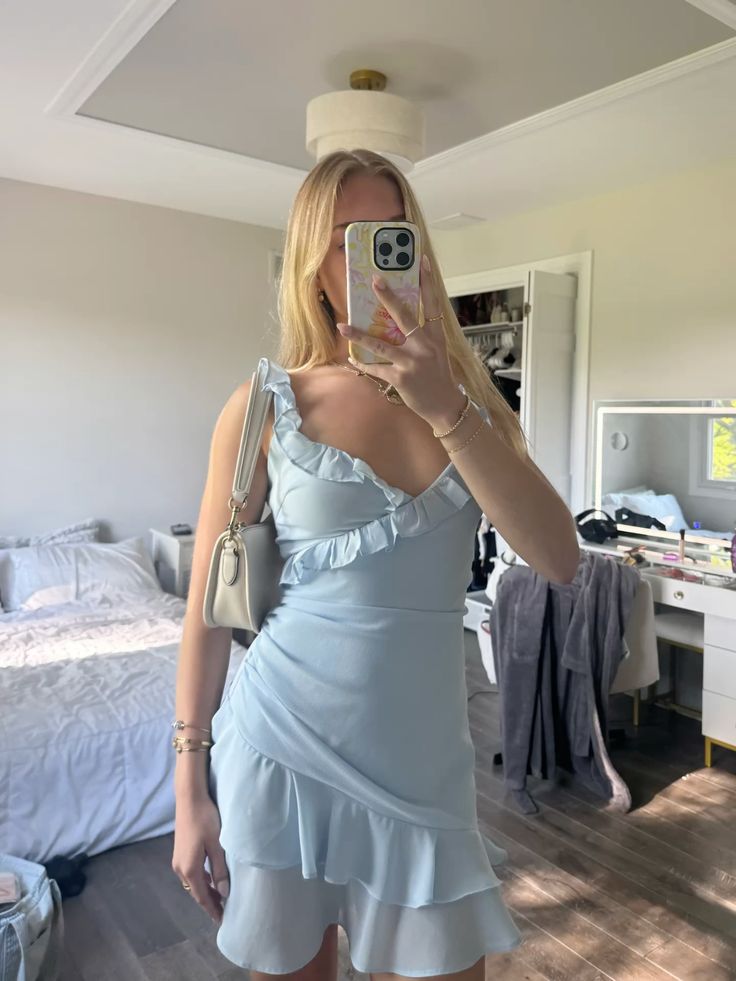 Sweet Light Blue Ruffled Chiffon Irregular 16th Birthday Homecoming Dress