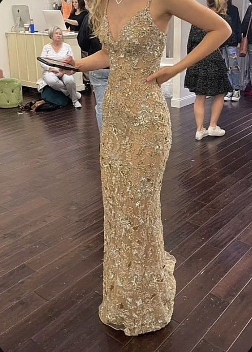 Luxurious Champagne Gold Mermaid V-neck Spaghetti Strap Sequined Embroidered Long Prom Dress Evening Dress