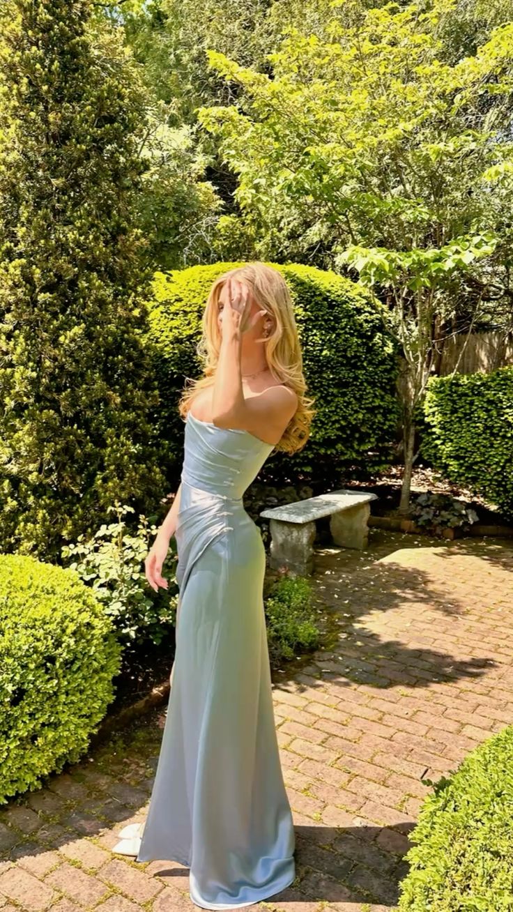 Simple Blue A-line Strapless Satin Long Prom Dress Evening Dress Bridesmaid Dress