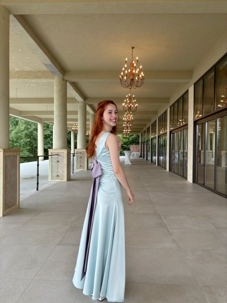 Sweet Light Blue A-line V-Neck Bow Satin Long Prom Dress Evening Dress