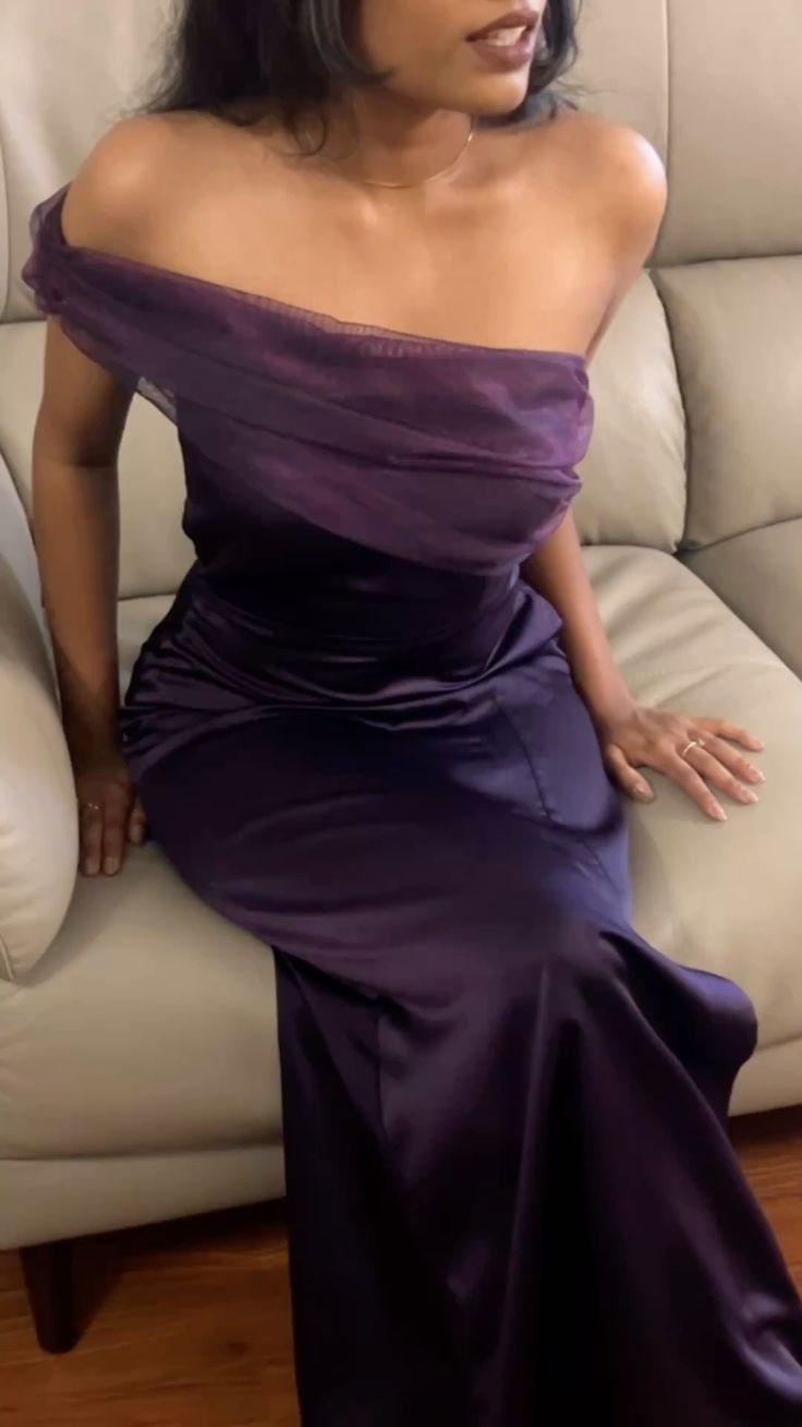 Elegant Purple Mermaid One-Shoulder Pleated Satin Long Prom Dress Evening Dress