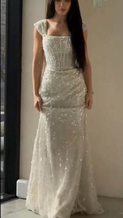 Elegant White Mermaid Square Neck Sequin Tulle Train Long Prom Dress Evening Dress