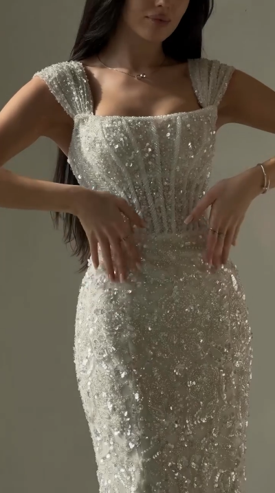 Elegant White Mermaid Square Neck Sequin Tulle Train Long Prom Dress Evening Dress