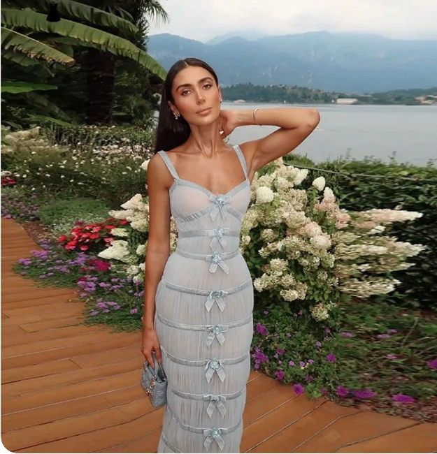 Elegant Light Slate Blue Slim-Fit Spaghetti Strap Bow Tulle Prom Dress Evening Dress