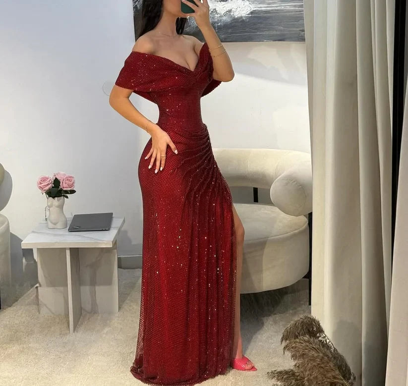 Luxurious Burgundy Mermaid Off-the-Shoulder V-Neck Rhinestone Tulle High-Slit Long Prom Dress Evening Dress