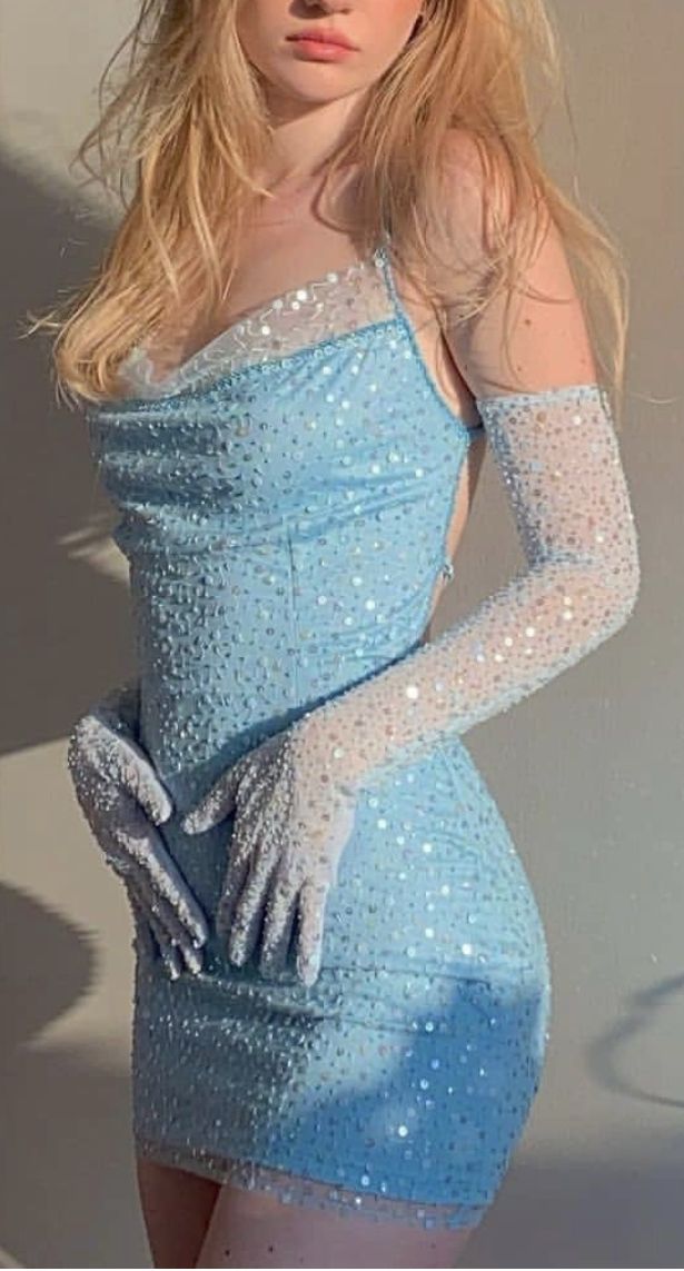 Sweet Light Blue Sling Neckline Suspenders Sequined Slim Birthday Dress Homecoming Dress