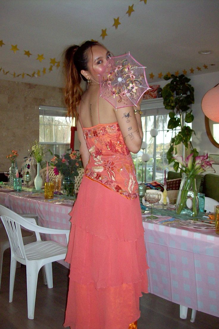 Retro Orange Pink Irregular Halter Neck Sequin Chiffon Prom Dress
