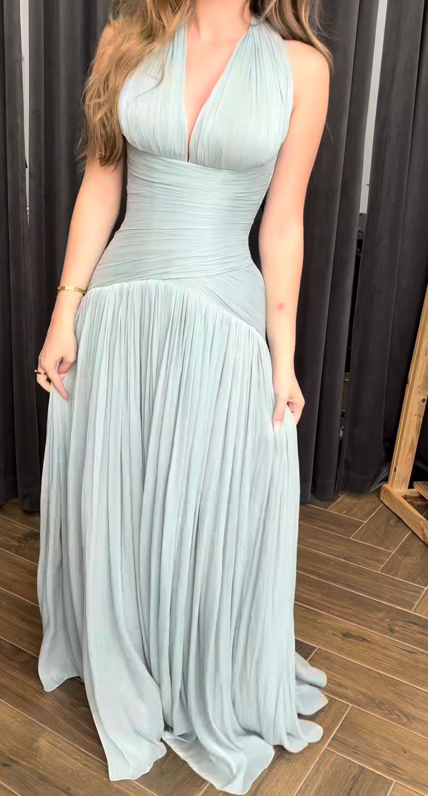 Elegant Light Mint Green A-Line Halter Neck Deep V Ruched Chiffon Long Prom Dress Evening Dress