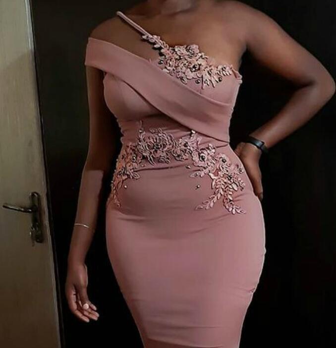 Sexy Blush Pink Arabic Aso Ebi Sexy Mermaid Prom Dresses Lace Applique Crystal Beaded Evening Gowns One Shoulder Formal Party Second Reception Robes