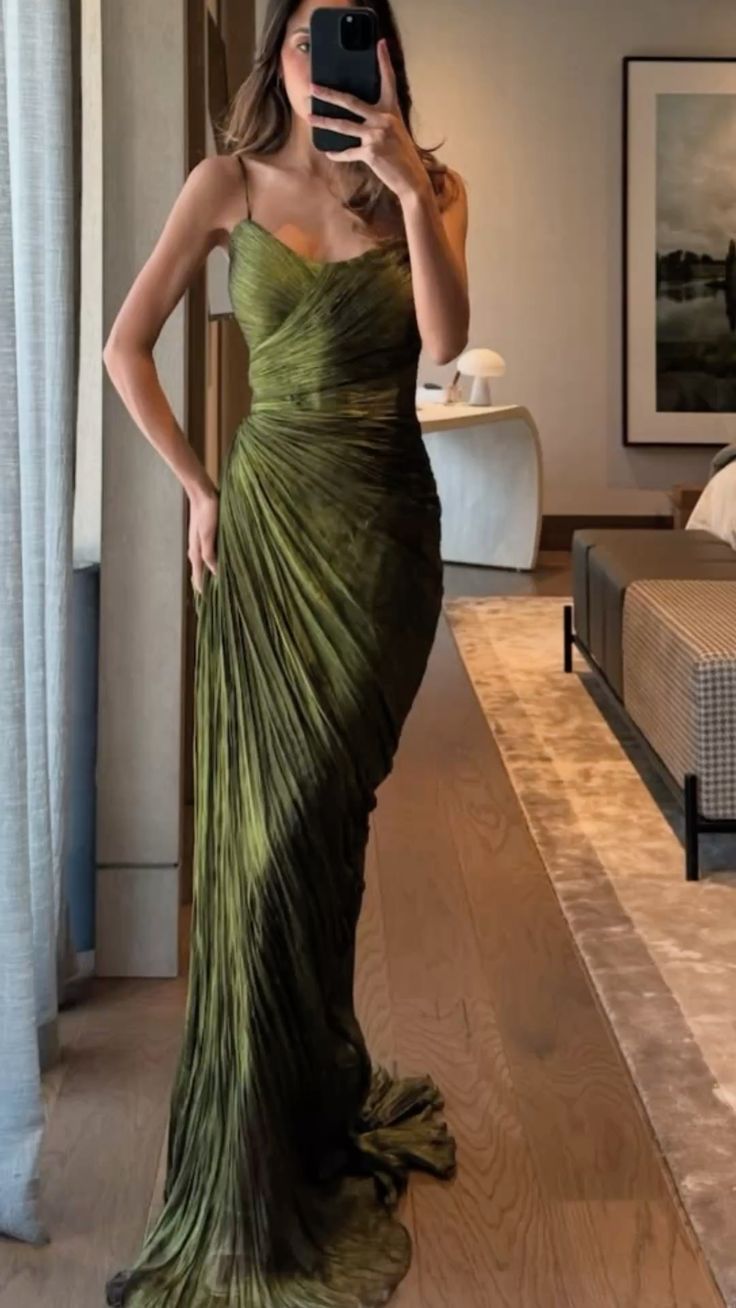 Elegant Olive Green Mermaid Spaghetti Strap Pleated Satin Long Prom Dress Evening Dress Bridesmaid Dress