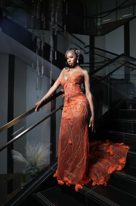 Gorgeous Orange Mermaid Sweetheart Neck Beaded Sequin Tulle Train Prom Dress Evening Dress