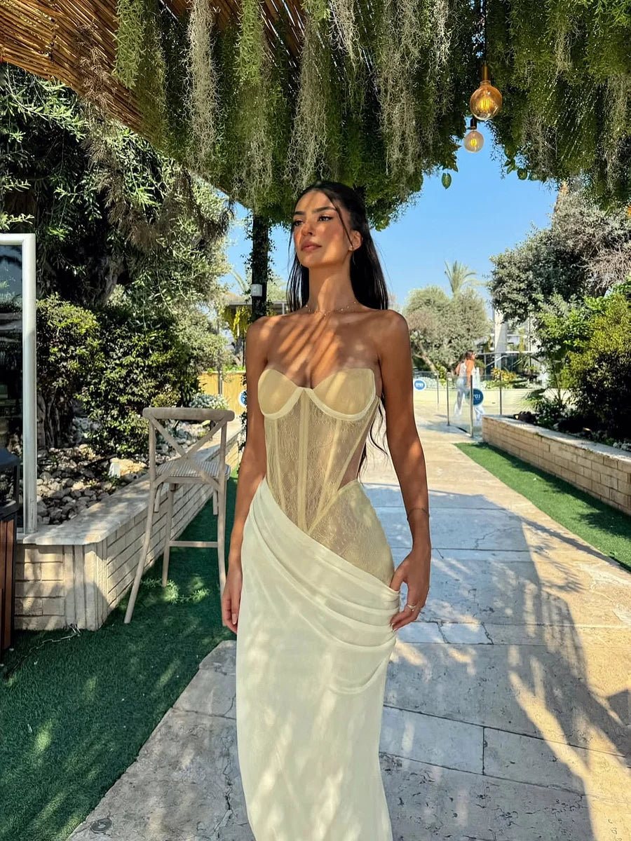 Gorgeous Pale Yellow Mermaid Sweetheart Neck Sheer Tulle Satin Long Prom Dress Evening Dress