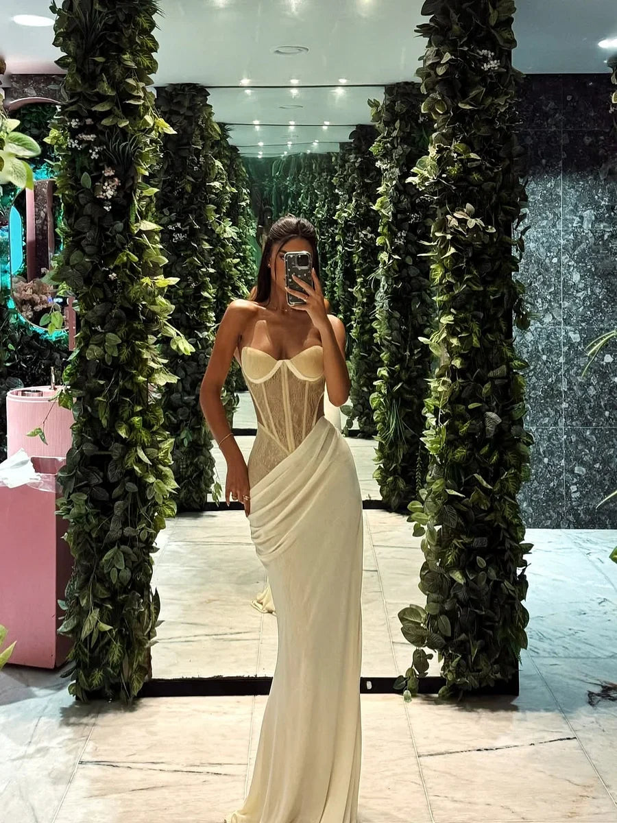 Gorgeous Pale Yellow Mermaid Sweetheart Neck Sheer Tulle Satin Long Prom Dress Evening Dress