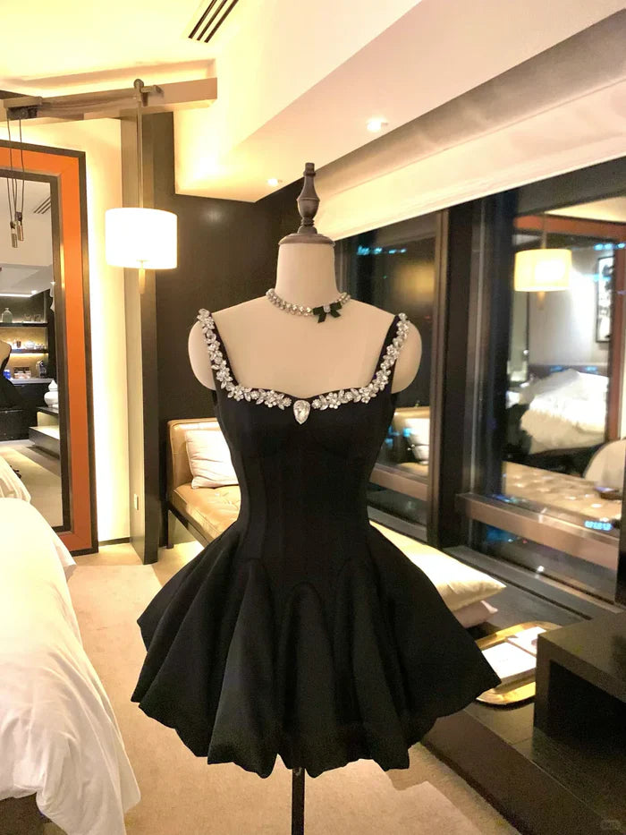 Sweet Black Strap Rhinestone Waist Bud Satin 16th Birthday Homecoming Dress