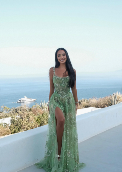Gorgeous Green A-Line Spaghetti Strap Square Neck High-Slit Beaded Tulle Long Prom Dress Evening Dress