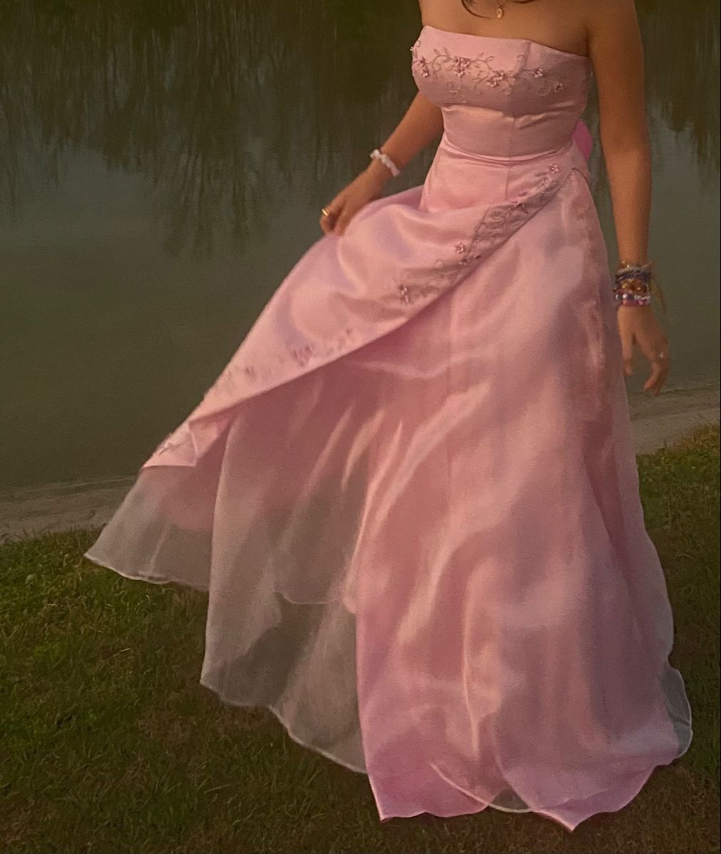 Sweet Pink A-Line Strapless Embroidered Satin Long Prom Dress Evening Dress