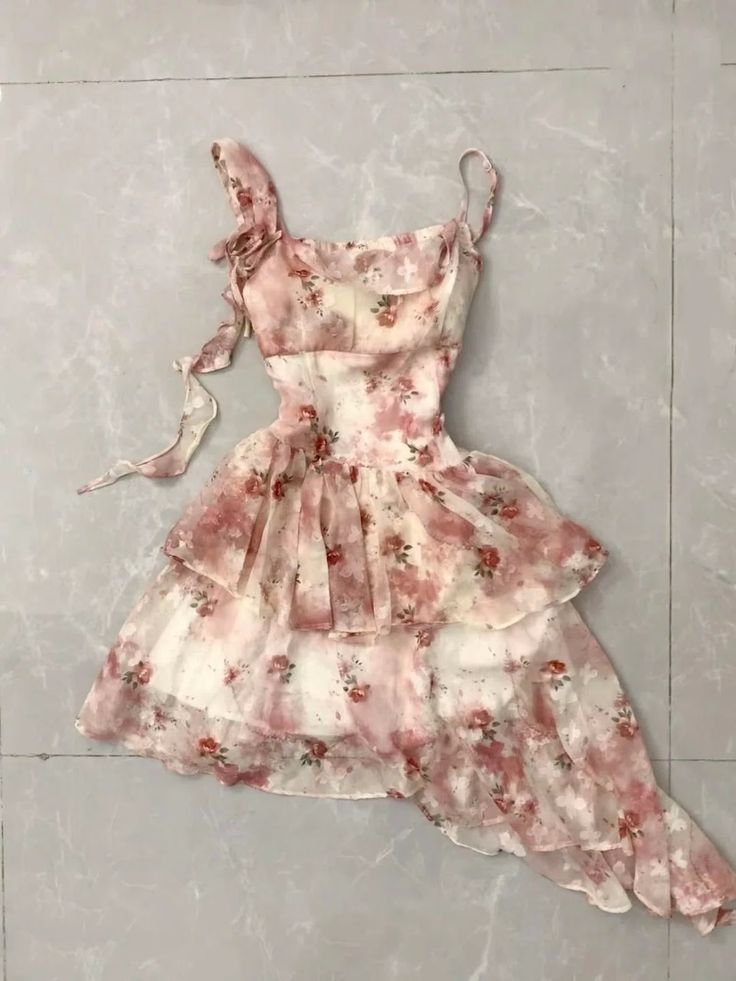 Sweet Pink And White Floral Irregular Ruffle Chiffon 16th Birthday Homecoming Dress