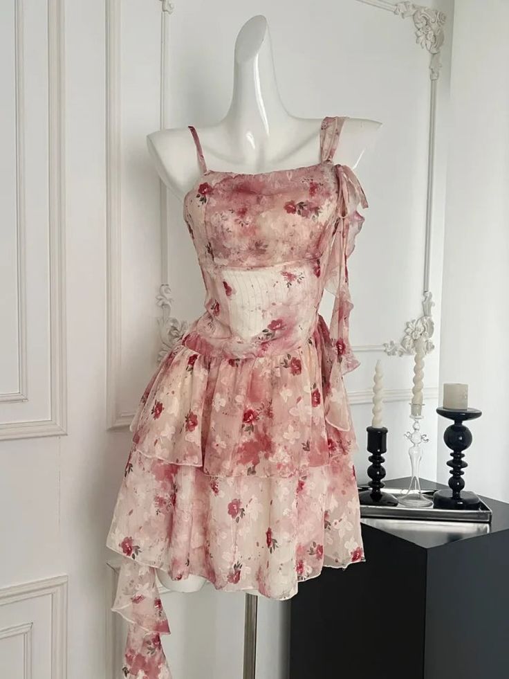 Sweet Pink And White Floral Irregular Ruffle Chiffon 16th Birthday Homecoming Dress