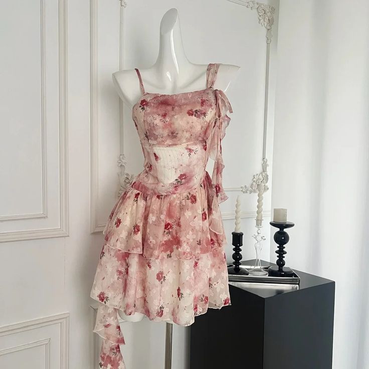 Sweet Pink And White Floral Irregular Ruffle Chiffon 16th Birthday Homecoming Dress