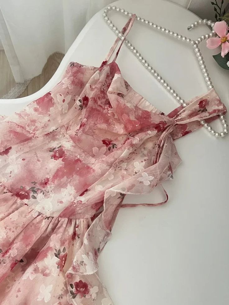 Sweet Pink And White Floral Irregular Ruffle Chiffon 16th Birthday Homecoming Dress
