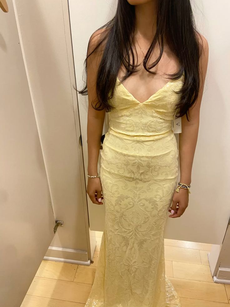 Elegant Yellow Mermaid Spaghetti Strap Deep V Lace Damask Long Prom Dress Evening Dress