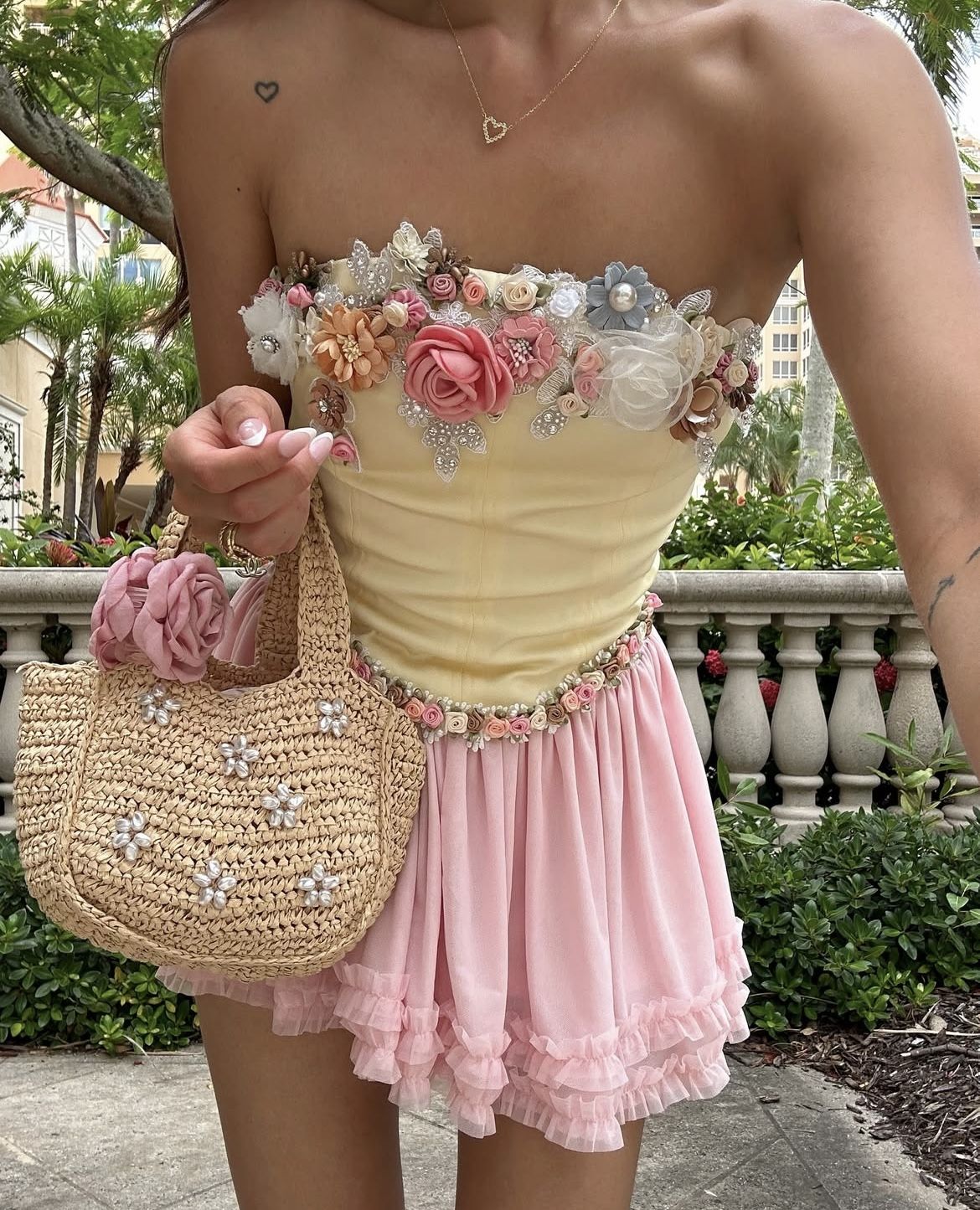 Sweet Yellow And Pink Color Matching Tube Top Three-dimensional Flower Chiffon 16th Birthday Homecoming Dress